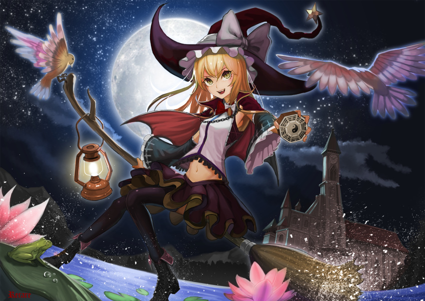 1girl bird black_boots black_hat black_legwear blonde_hair boots bow bowtie broom broom_riding clouds cloudy_sky detached_sleeves fang flower frog full_body hair_bow hair_ribbon hat hat_bow highres kirisame_marisa lake lantern lily_pad looking_at_viewer midriff mini-hakkero misty_lake navel night night_sky open_mouth pink_flower purple_skirt recare red_bow red_bowtie red_cape ribbon scarlet_devil_mansion shirt skirt sky smile solo splashing star_(sky) starry_sky thigh-highs touhou tress_ribbon water white_bow white_ribbon white_shirt witch witch_hat yellow_eyes