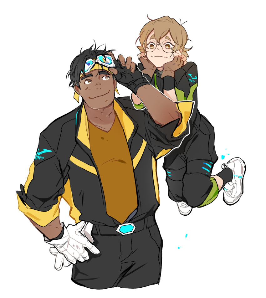 1boy 1girl absurdres adjusting_goggles black_hair brown_eyes brown_gloves brown_hair chin_rest cowboy_shot dark_skin dark_skinned_male fingerless_gloves flipped_hair floating glasses gloves goggles goggles_on_head hand_on_hip headband highres hunk_(voltron) hyakujuu-ou_golion jumpsuit pidge_gundarsson reverse_trap shoes short_hair simple_background sleeves_rolled_up smile sneakers sonnet_form sweat voltron:_legendary_defender white_background white_gloves yellow_eyes