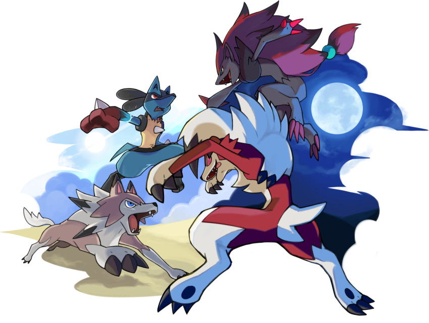 canine claws fighting lucario lycanroc moon nganlamsong pokemon pokemon_(game) pokemon_sm sun zoroark