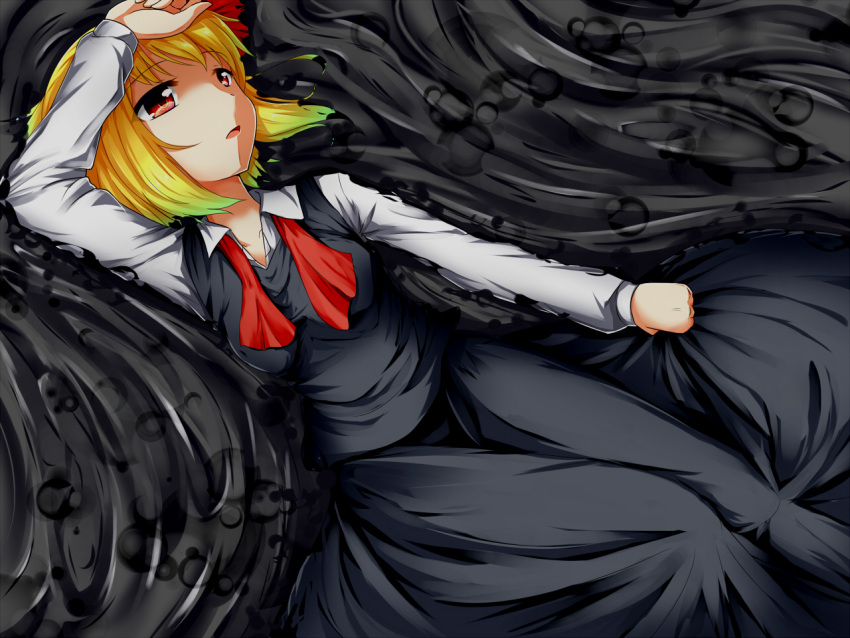 1girl blonde_hair darkness hair_ribbon red_eyes ribbon rody_(hayama_yuu) rumia shirt short_hair skirt touhou vest