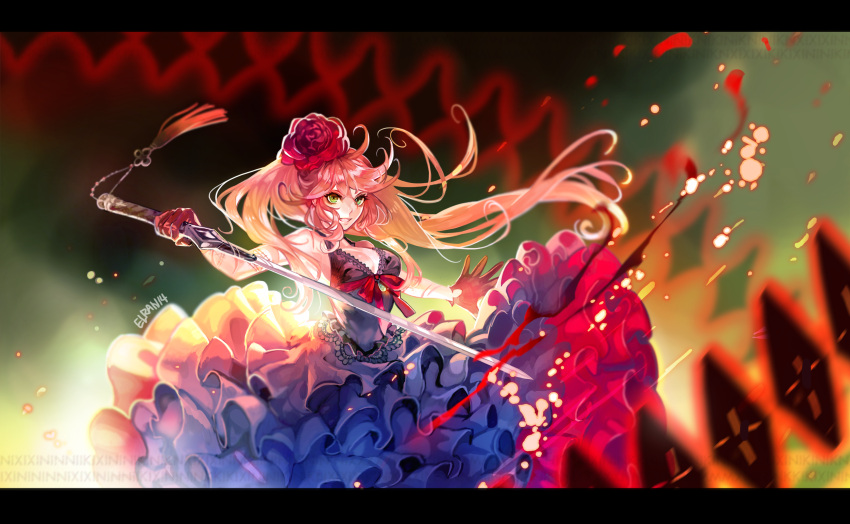 1girl breasts cleavage dress elran flower frilled_dress frills gloves green_eyes hair_flower hair_ornament highres holding holding_sword holding_weapon long_hair looking_at_viewer medium_breasts orange_hair original red_flower red_gloves signature solo sword weapon