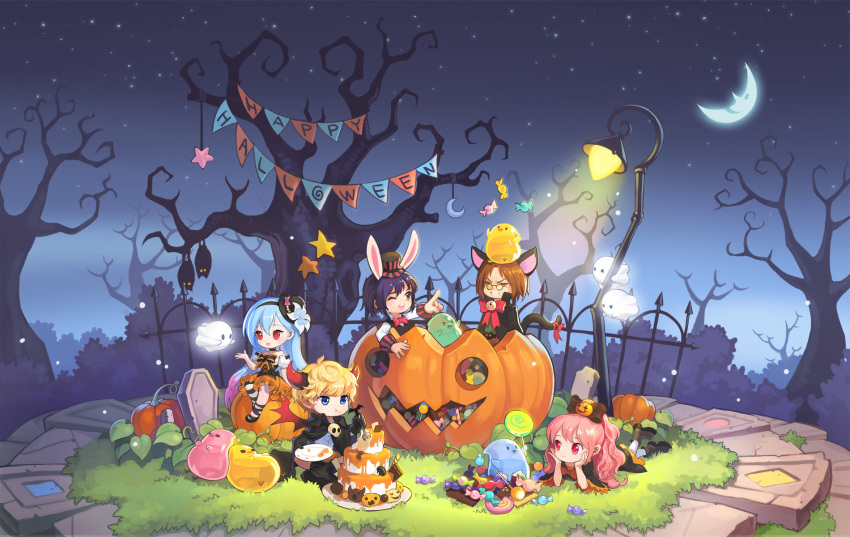 2boys 3girls ;d animal_ears bare_tree bat bell bird black_hat blonde_hair blue_eyes blue_hair brown_eyes brown_hair cake candy candy_cane candybox cape cat_tail character_request chin_rest crescent_moon eating eye_contact fence food fork ghost glasses gras happy_halloween hat headband highres horns jack-o'-lantern jingle_bell juggling lamppost lollipop looking_at_another lucian_kaltz lying maximin_liebkne moon multiple_boys multiple_girls night night_sky on_stomach one_eye_closed open_mouth outdoors outstretched_hand plate pointing pumpkin rabbit_ears red_eyes sitting sky slime smile star string_of_flags tagme tail tales_weaver tombstone tree vampire_costume