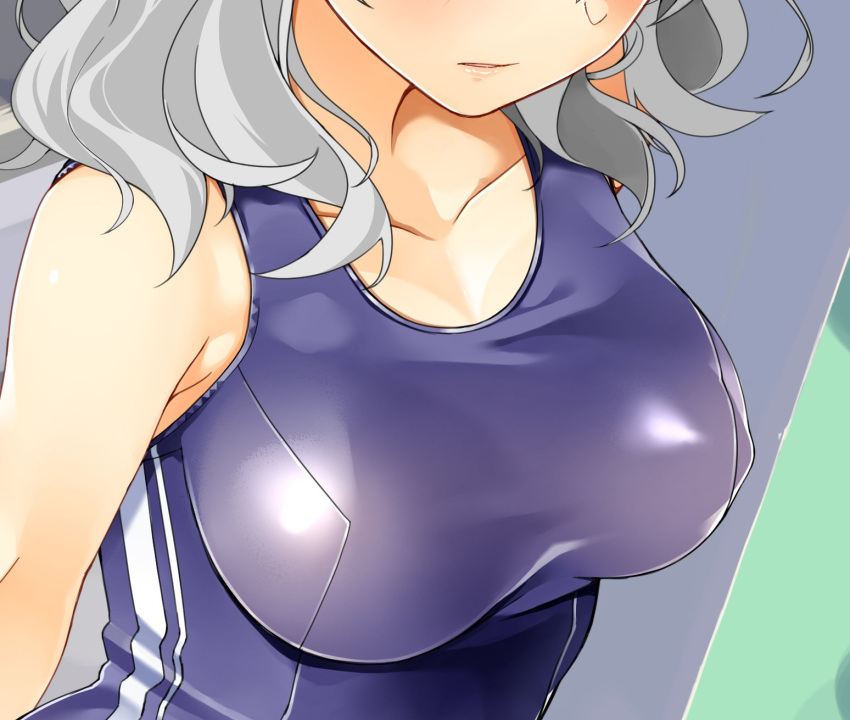 1girl breasts byte_(allbyte) collarbone competition_swimsuit covered_nipples head_out_of_frame highres kantai_collection kashima_(kantai_collection) large_breasts lips one-piece_swimsuit silver_hair solo swimsuit upper_body