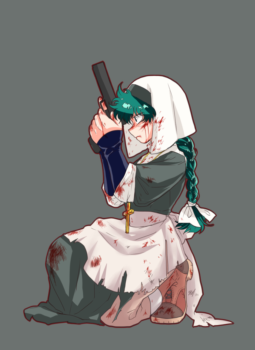 1girl blood blood_on_face blood_splatter bloody_clothes boku_no_hero_academia boots braid combat_boots cross cross_necklace crucifix genderswap genderswap_(mtf) green_hair gun habit handgun highres jewelry midoriya_izuku necklace nun robe short_hair silverstar017 single_braid solo weapon