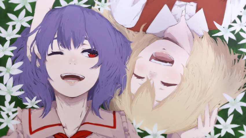 blonde_hair closed_eyes dress flandre_scarlet flower grass hand_in_another's_hair headwear_removed highres laughing lying no_hat no_headwear on_back one_eye_closed purple_hair red_eyes remilia_scarlet siblings side_ponytail sisters smile tagme terimayo touhou