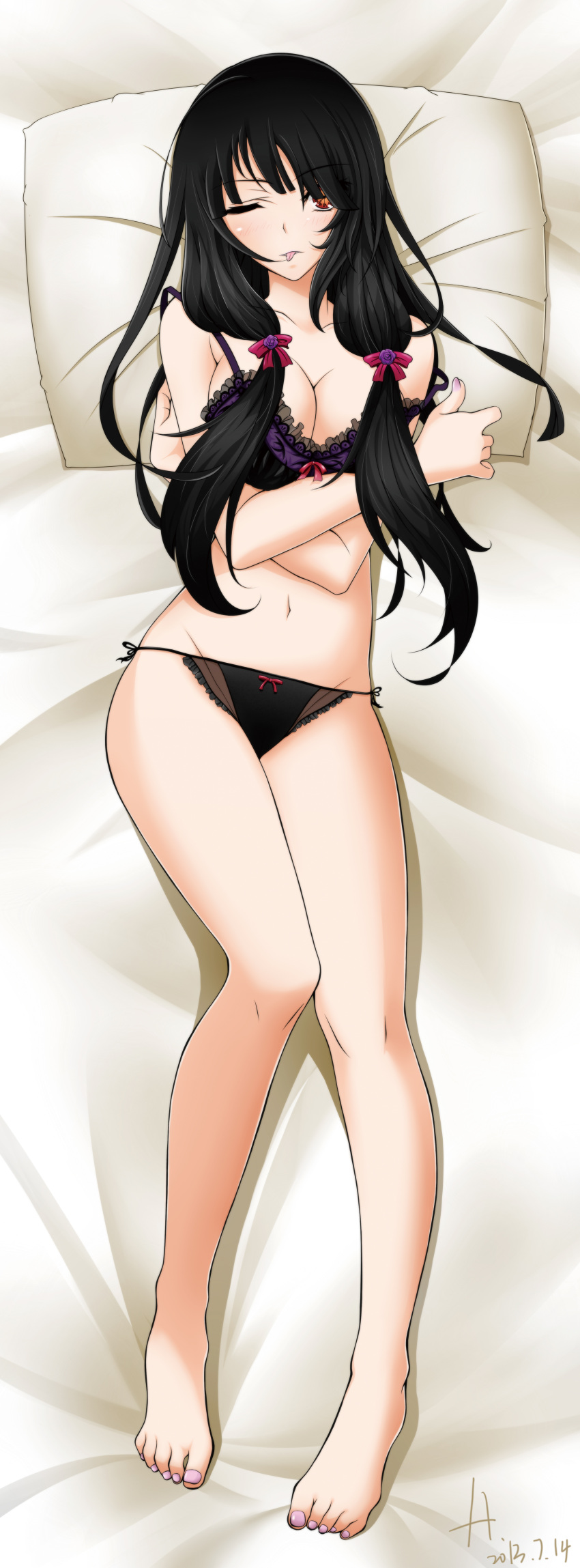 1girl 2013 :p ;p absurdres black_bra black_hair black_legwear black_panties blush bow bow_bra bow_panties bra breasts cleavage date_a_live dated groin highres lace lace-trimmed_bra lace-trimmed_panties long_hair navel one_eye_closed panties pantyhose solo strap_slip tokisaki_kurumi tongue tongue_out twintails underwear