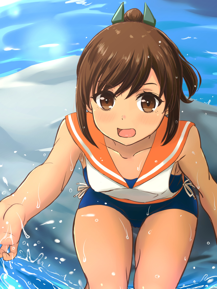 1girl breasts brown_eyes brown_hair hair_ornament hairclip highres i-401_(kantai_collection) inanaki_shiki kantai_collection looking_at_viewer one-piece_swimsuit ponytail sailor_collar school_swimsuit short_ponytail splashing swimsuit swimsuit_under_clothes tan tanline water