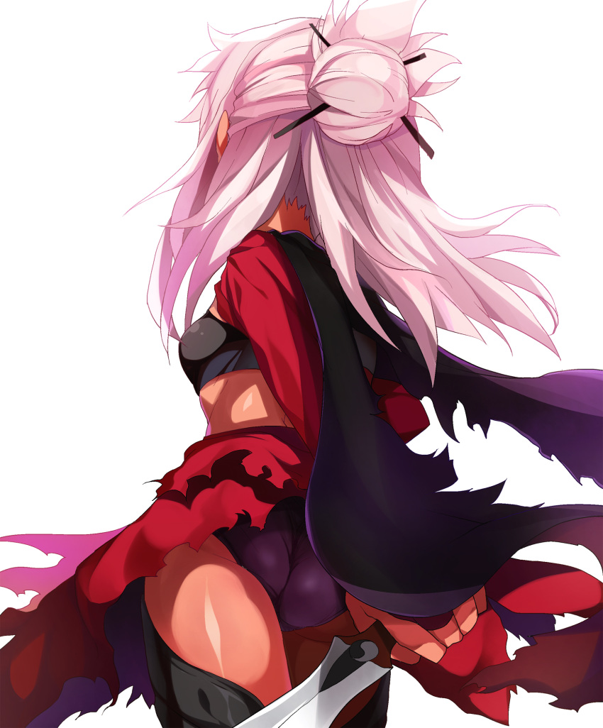 1girl ass black_panties breasts cape chloe_von_einzbern cowboy_shot dark_skin fate/kaleid_liner_prisma_illya fate_(series) from_behind hair_ornament hair_stick half_updo highres holding holding_sword holding_weapon long_hair panties pink_hair shimeji_nameko shiny shiny_skin simple_background skirt small_breasts solo standing sword thigh-highs torn_cape torn_clothes torn_skirt underwear weapon white_background