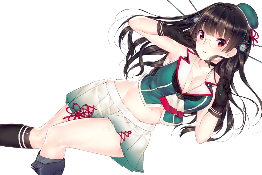 1girl armpits beret black_gloves black_hair black_legwear breasts choukai_(kantai_collection) cleavage collarbone commentary glasses gloves groin hat headgear highres jun_project kantai_collection long_hair looking_at_viewer miniskirt parted_lips pleated_skirt red_eyes simple_background skirt solo white_background