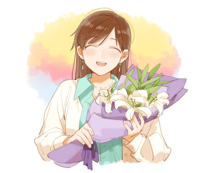 1girl ^_^ ahn bouquet brown_hair closed_eyes collared_shirt earrings flower holding_bouquet idolmaster idolmaster_cinderella_girls jacket jewelry lily_(flower) long_hair long_sleeves necktie nitta_minami open_mouth shirt smile solo upper_body