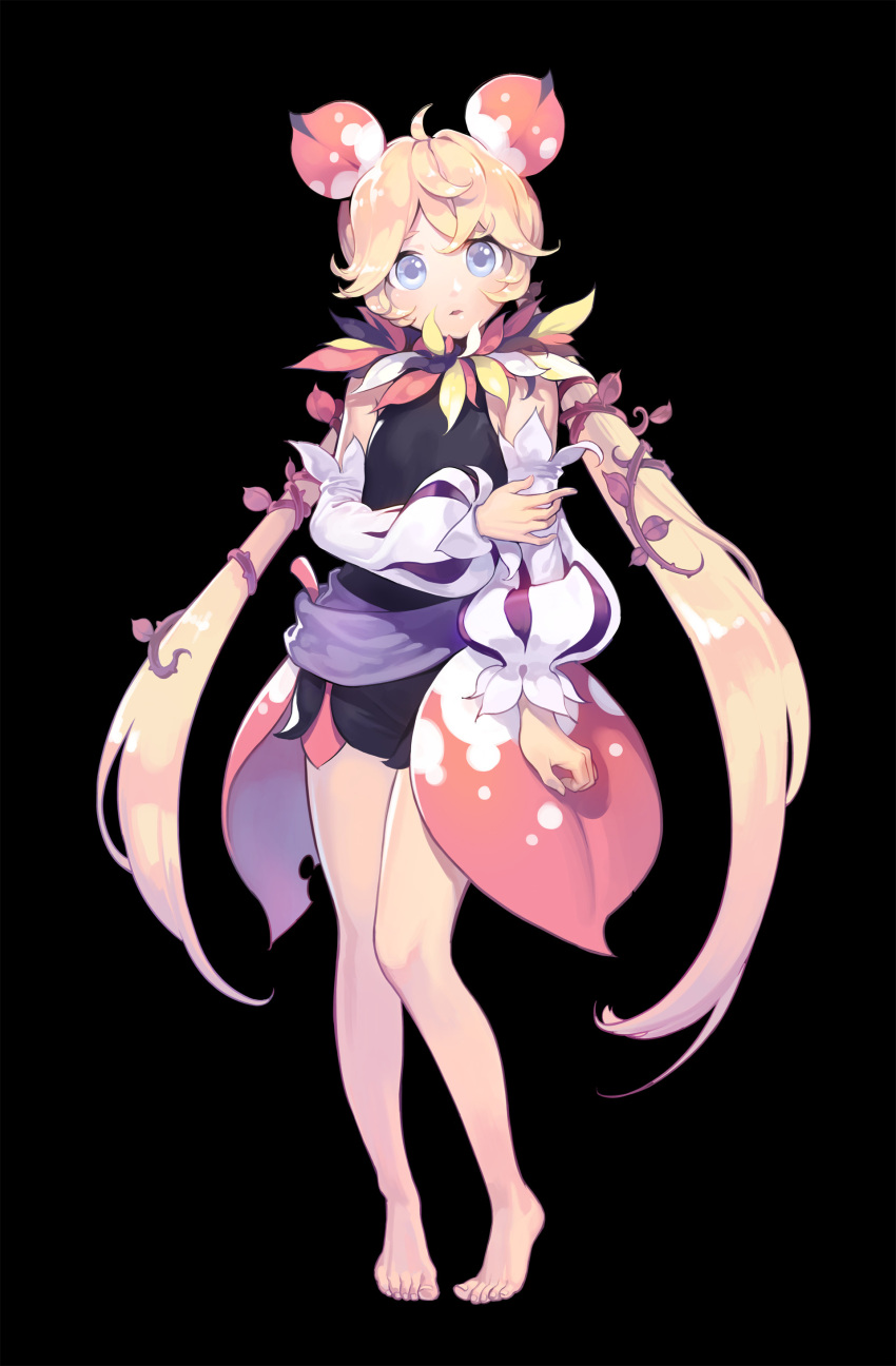absurdres androgynous barefoot black_background blonde_hair blue_eyes candybox concept_art detached_sleeves full_body highres long_hair looking_at_viewer open_mouth original solo standing tagme very_long_hair