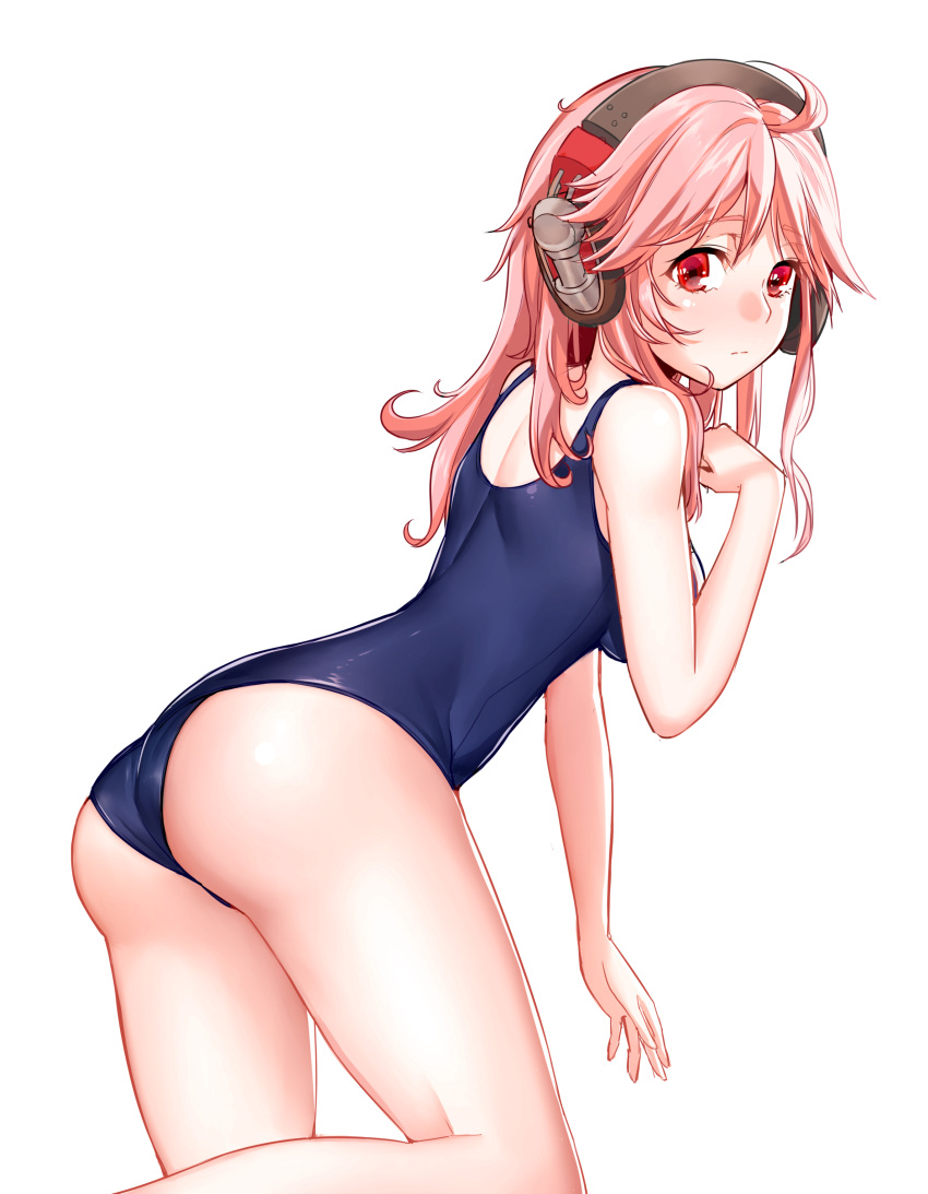 1girl absurdres ahoge arm_up ass blush breasts closed_mouth cowboy_shot from_behind headphones highres long_hair looking_at_viewer looking_back onceskylark pink_hair red_eyes school_swimsuit shoulder_blades simple_background solo standing standing_on_one_leg swimsuit tirpitz_(zhan_jian_shao_nyu) white_background zhan_jian_shao_nyu