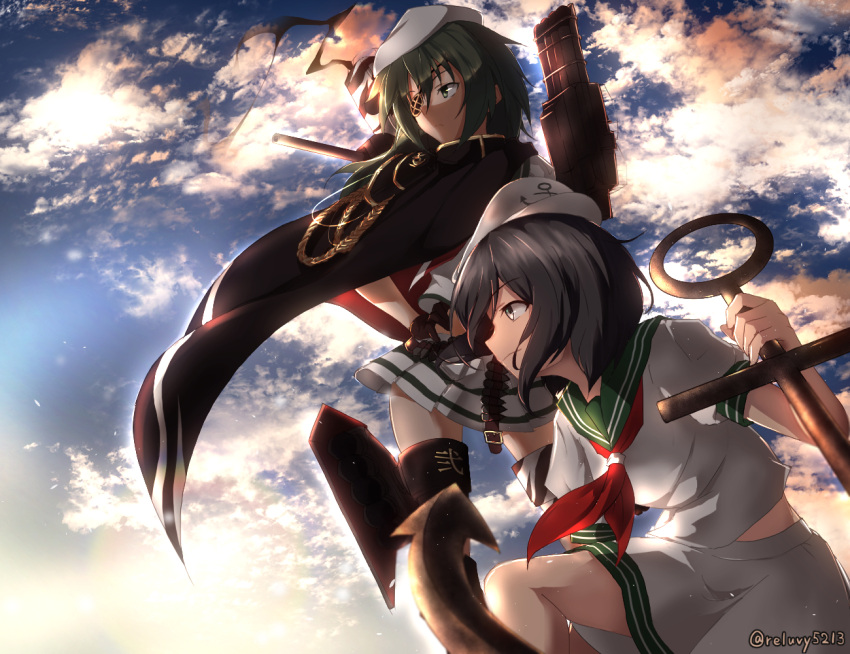 2girls ammunition_belt anchor anchor_symbol backlighting black_hair camouflage cape crossover cutlass eyepatch green_eyes green_hair hat headgear kantai_collection kiso_(kantai_collection) military military_uniform multiple_girls murasa_minamitsu naval_uniform neckerchief pauldrons remodel_(kantai_collection) rerubixi sailor sailor_hat school_uniform serafuku short_hair touhou twitter_username uniform