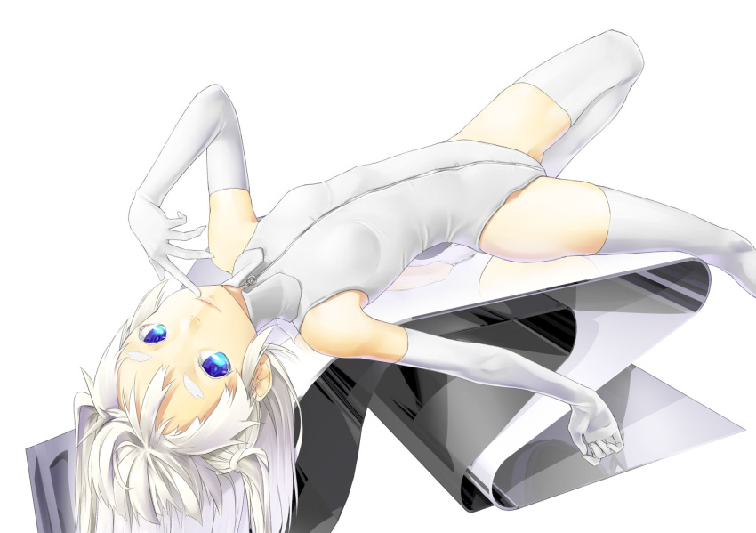 1girl bare_shoulders blue_eyes elbow_gloves finger_to_mouth foil full-length_zipper gloves highres hiko_(hiko224556) leotard light_smile lips long_hair looking_at_viewer lying on_back original short_eyebrows smile solo thigh-highs two_side_up white_gloves white_hair white_legwear white_leotard zipper