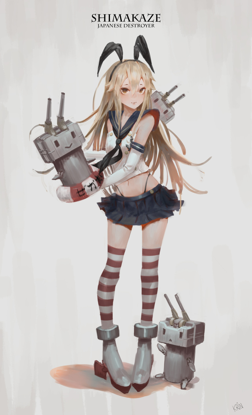 1girl absurdres anchor_hair_ornament artist_name blonde_hair blue_skirt brown_eyes character_name elbow_gloves english gloves hair_ornament hairband highres kantai_collection krin long_hair looking_at_viewer navel rensouhou-chan shimakaze_(kantai_collection) skirt standing striped striped_legwear thigh-highs white_gloves