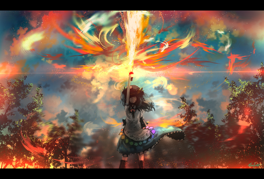 1girl apron blue_eyes blue_hair boots dress fire flaming_sword hat highres hinanawi_tenshi letterboxed long_hair solo sunset sword_of_hisou touhou tree wjstpwls4