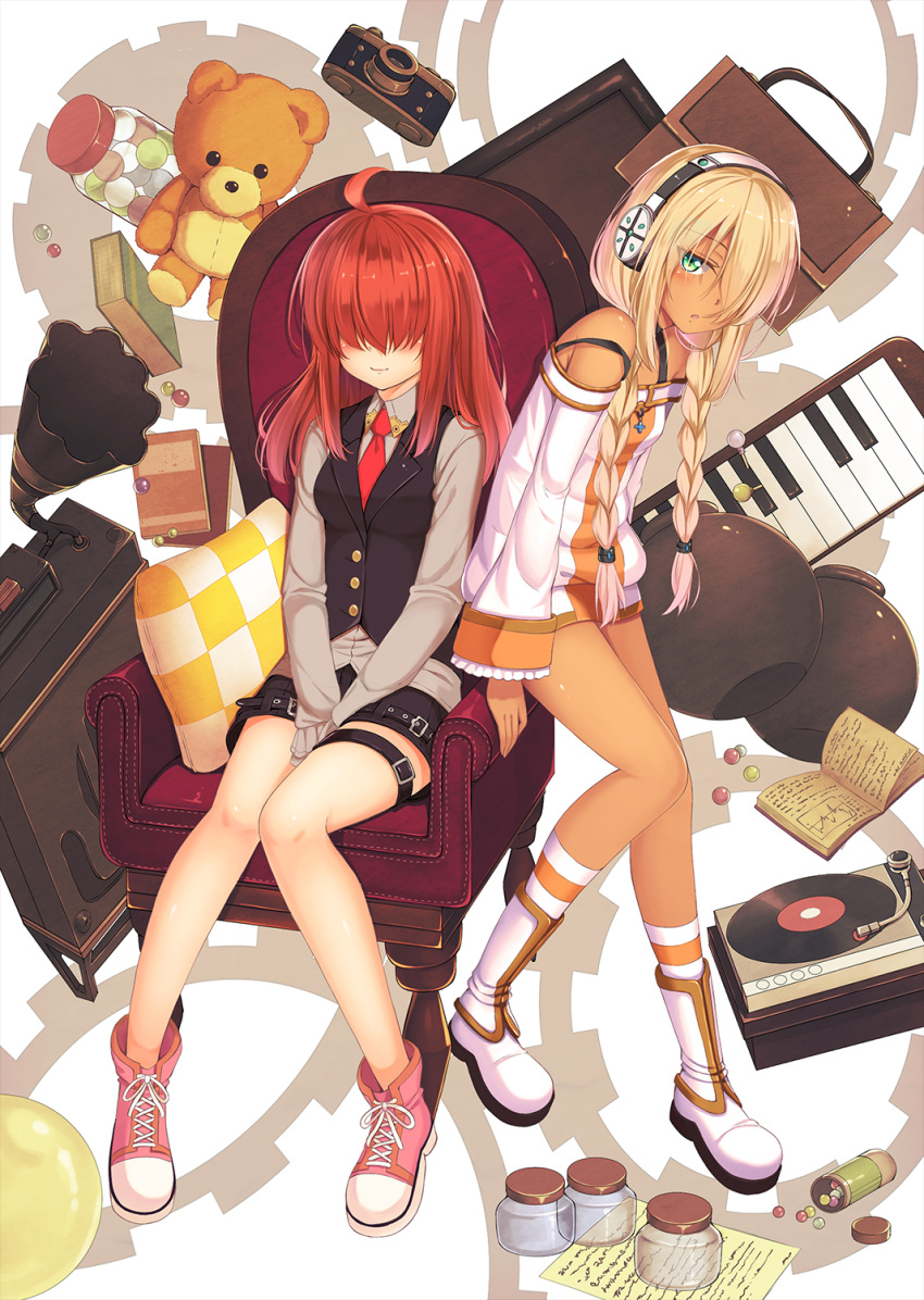 2girls :o ahoge bag bare_shoulders benitsuki_tsubasa blonde_hair blush book boots braid breasts camera checkered_pillow closed_mouth couch covered_eyes digital_camera dress dress_shirt frilled_sleeves frills full_body green_eyes grey_shirt hair_over_eyes hair_tubes headset highres instrument jar keyboard_(instrument) knees_together_feet_apart long_hair long_sleeves looking_at_viewer melodica multiple_girls necktie off-shoulder_dress off_shoulder open_book original phonograph pillow pink_shoes red_necktie redhead shirt shoes short_dress shorts sitting small_breasts smile socks strap_slip striped striped_legwear stuffed_animal stuffed_toy tan teddy_bear thigh_strap twin_braids v_arms waistcoat white_boots wide_sleeves
