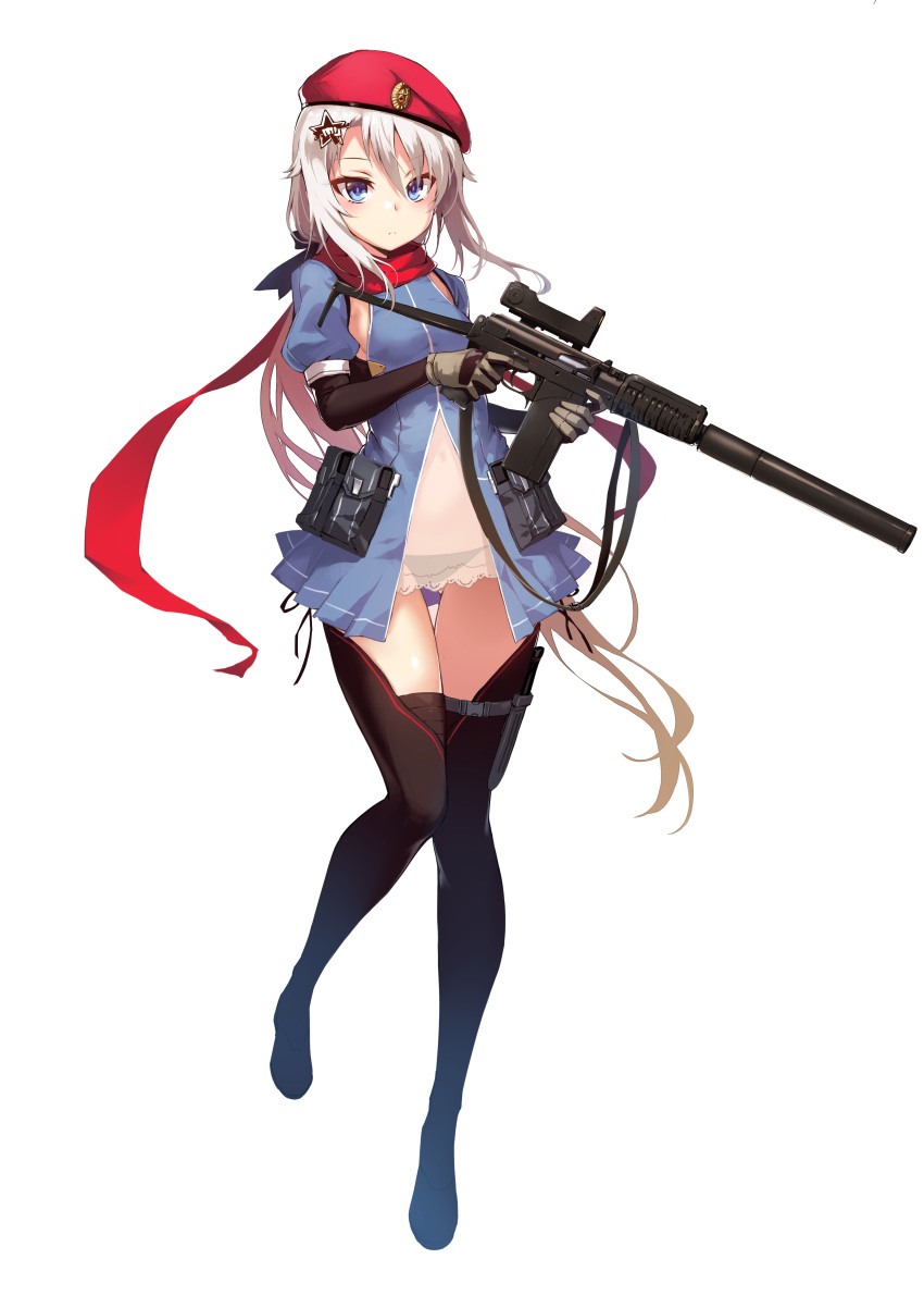 1girl absurdres beret black_legwear black_panties blue_dress blue_eyes boots dress elbow_gloves full_body girls_frontline gloves gun hair_ornament hat highres knife long_hair looking_at_viewer low_twintails navel nightmaremk2 panties puffy_short_sleeves puffy_sleeves red_scarf scarf see-through short_sleeves silver_hair simple_background solo submachine_gun suppressor thigh-highs thigh_boots thigh_gap thigh_strap transparent_background trigger_discipline twintails underwear weapon