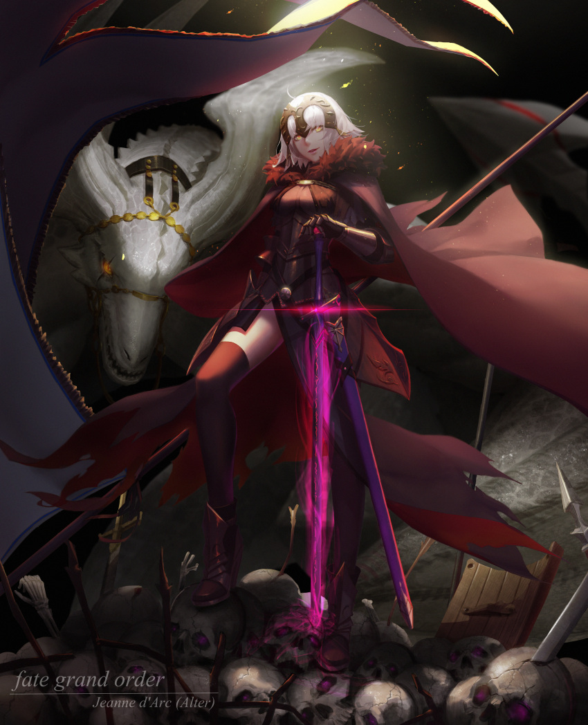 1girl absurdres ankle_boots armor armored_dress black_legwear boots cape dark_excalibur dragon fate/grand_order fate_(series) headdress highres jeanne_alter panties planted_sword planted_weapon q9q ruler_(fate/apocrypha) showgirl_skirt skull solo sword thigh-highs underwear weapon white_hair yellow_eyes