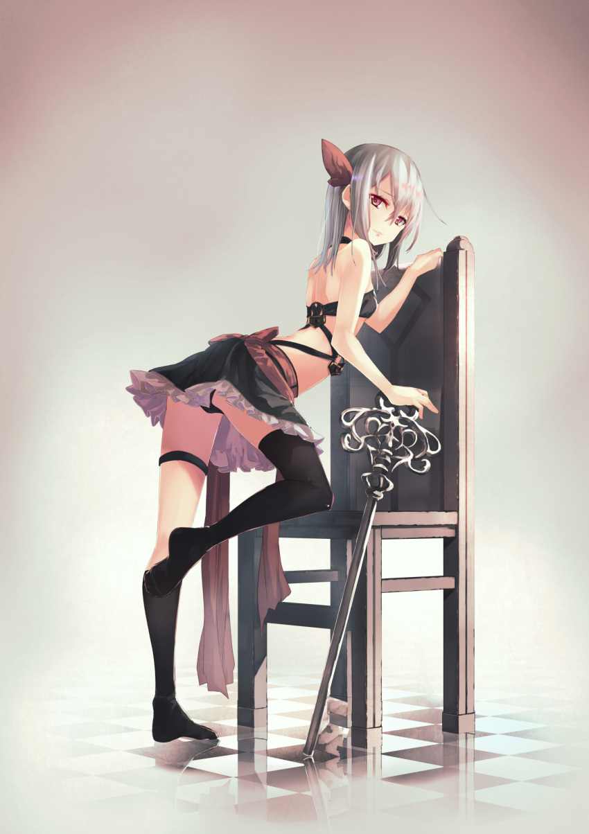 1girl bare_shoulders black_panties brown_eyes chair checkered frilled_skirt frills grey_hair hair_ornament highres key leaning_forward light_smile long_hair looking_at_viewer original panties reflection saraki skirt solo thigh-highs thighs underwear wind wind_lift