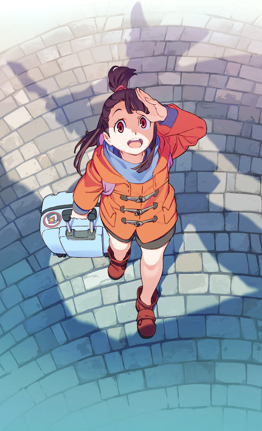 1girl akko_kagari boots brown_hair highres jacket little_witch_academia long_hair official_art open_mouth rolling_suitcase sett shadow solo
