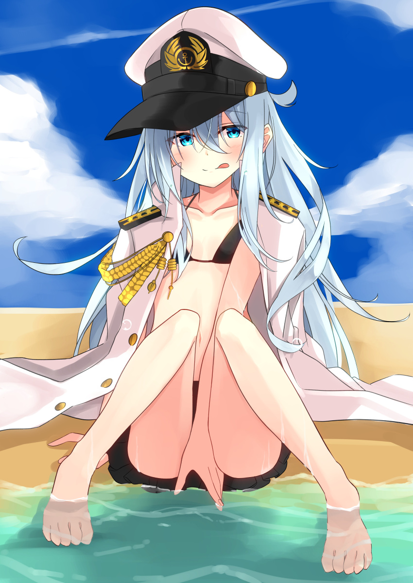 1girl absurdres alternate_costume barefoot bikini black_bikini black_skirt blue_eyes blush buttons epaulettes hair_between_eyes hat hibiki_(kantai_collection) highres kantai_collection long_hair long_sleeves military military_uniform naval_uniform partially_submerged peaked_cap pleated_skirt senx silver_hair skirt smile solo swimsuit tongue tongue_out uniform