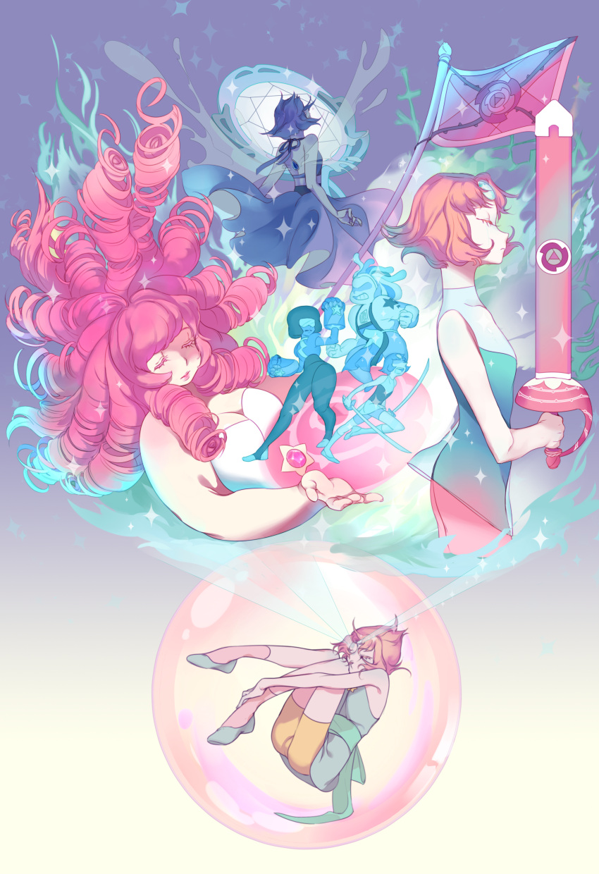 5girls absurdres afro aura back bismuth_(steven_universe) blue_hair bubble chuong crying drill_hair floating forehead_jewel garnet_(steven_universe) gem highres lapis_lazuli_(steven_universe) multiple_girls pale_skin pearl_(steven_universe) pink_hair rose_quartz_universe scabbard sheath steven_universe sunglasses sword tears water weapon