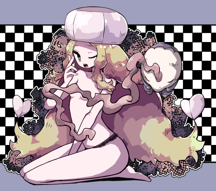 1girl blonde_hair breasts cattleya_(pokemon) convenient_censoring green_eyes hat lamb-oic029 long_hair looking_at_viewer musharna one_eye_closed open_mouth panties pokemon pokemon_(creature) pokemon_(game) pokemon_bw small_breasts smoke topless underwear very_long_hair