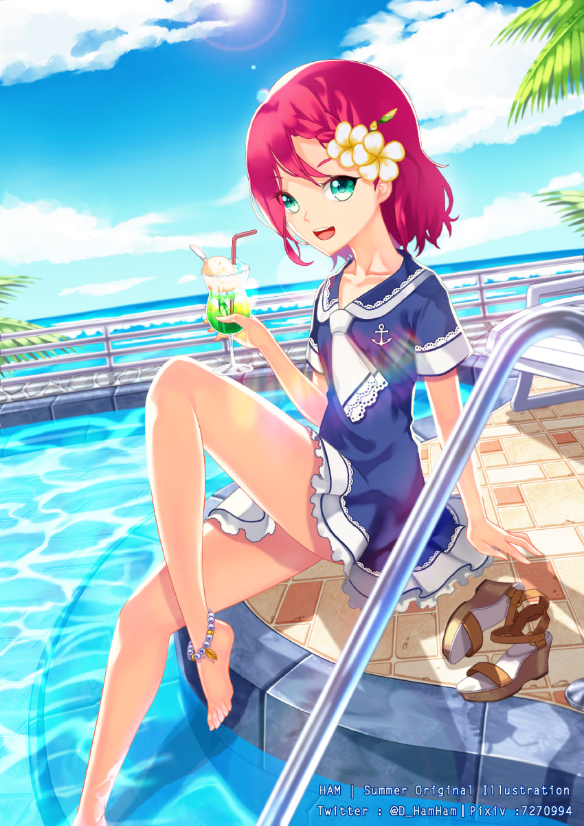 1girl anklet barefoot collarbone cup dress drinking_straw flower food green_eyes hair_flower hair_ornament highres ice_cream ice_cream_float jewelry original petite pink_hair platform_footwear pool poolside sailor_collar sandals sandals_removed shoes_removed short_hair sitting sky smile solo