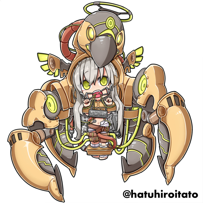 1girl ankle_cuffs bandage beltskirt bound bound_ankles bound_wrists cable catheter character_request chibi dental_gag full_body green_eyes hanging highres machine mecha platinum_blonde restrained shokuyou_pants sign tube yuba_no_shirushi