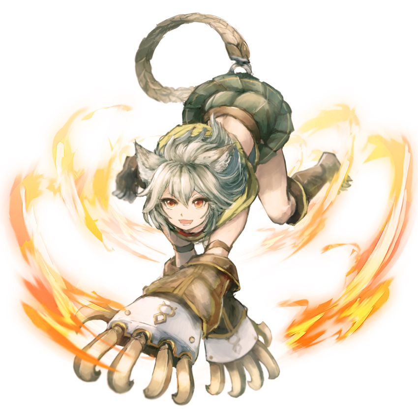 1girl animal_ears bangs claw_(weapon) claws collar erun_(granblue_fantasy) gloves granblue_fantasy hair_between_eyes highres long_hair looking_at_viewer open_mouth red_eyes sen_(granblue_fantasy) silver_hair simple_background skirt solo weapon