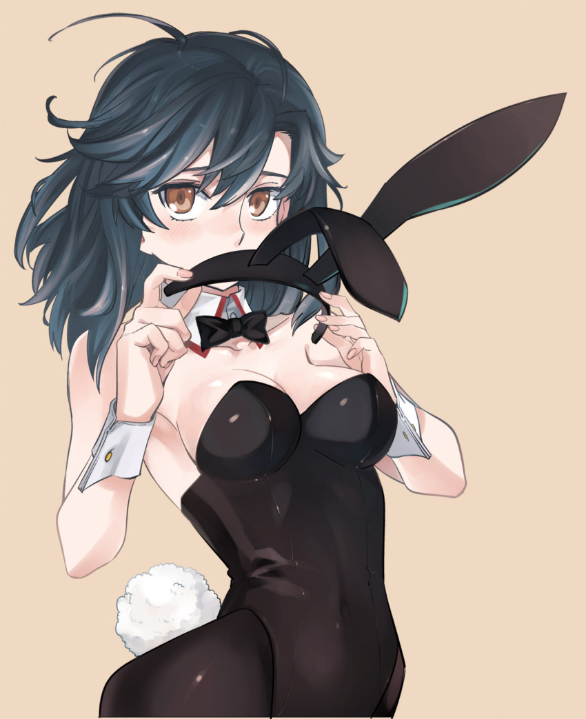 1girl animal_ears bare_shoulders black_hair black_legwear black_leotard blush bow bowtie breasts brown_eyes bunny_tail bunnysuit cleavage collarbone covering_mouth detached_collar fake_animal_ears hairband hairband_removed highres leotard looking_at_viewer ocha_(oteaaa) original pantyhose rabbit_ears short_hair solo tail wrist_cuffs
