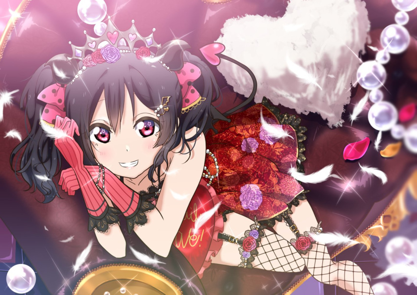 1girl bangs black_hair blush bow bracelet demon_horns demon_tail demon_wings dress elbow_gloves feathers fishnet_legwear fishnets floral_print flower frills garter_straps gloves hair_bow hair_flower hair_ornament heart heart_pillow horns jewelry leaning looking_at_viewer love_live! love_live!_school_idol_festival love_live!_school_idol_project panda_copt pillow polka_dot polka_dot_bow red_eyes sitting smile solo tail thigh-highs tiara twintails wings yazawa_nico