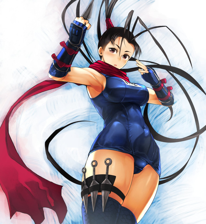 1girl alternate_costume antenna_hair arm_guards armpits black_hair breasts fingerless_gloves fishnet_legwear fishnets garakuta gloves high_ponytail highres ibuki_(street_fighter) kunai long_hair medium_breasts navel ponytail scarf school_swimsuit solo street_fighter street_fighter_v swimsuit thigh-highs thigh_strap weapon