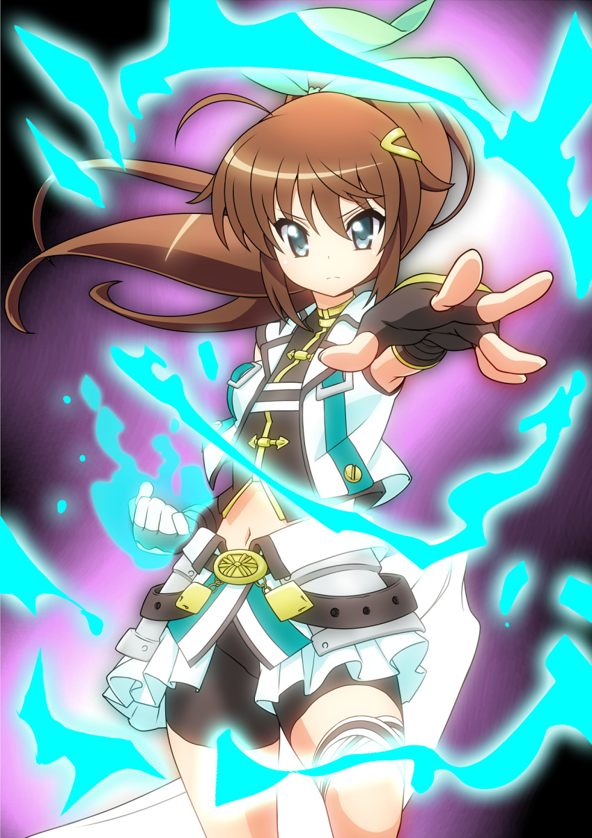 1girl ahoge aqua_eyes bike_shorts blush breasts brown_hair clenched_hand closed_mouth date_naoto fingerless_gloves from_side fuuka_reventon gloves hair_ornament hair_ribbon hairclip highres jacket long_hair looking_at_viewer lyrical_nanoha midriff navel outstretched_arm ponytail ribbon shiny shiny_hair sidelocks skirt sleeveless solo standing standing_on_one_leg thigh_strap vivid_strike!