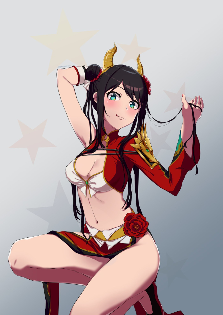 1girl :q arm_up asymmetrical_sleeves bare_legs black_hair blush breasts cleavage double_bun flower gradient gradient_background green_eyes hair_flower hair_ornament highres horns kana_(peropepero) kneeling long_hair medium_breasts midriff nail_polish navel no_panties side_slit simple_background skirt solo tongue tongue_out turtleneck twintails