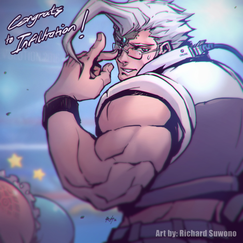 1boy adjusting_glasses alternate_color cable charlie_nash commentary congratulations ethernet_cable evolution_championship_series forehead_jewel fringe glasses meme muscle richard_suwono rimless_glasses silver_hair sleeveless solo stitches street_fighter street_fighter_v watch watch