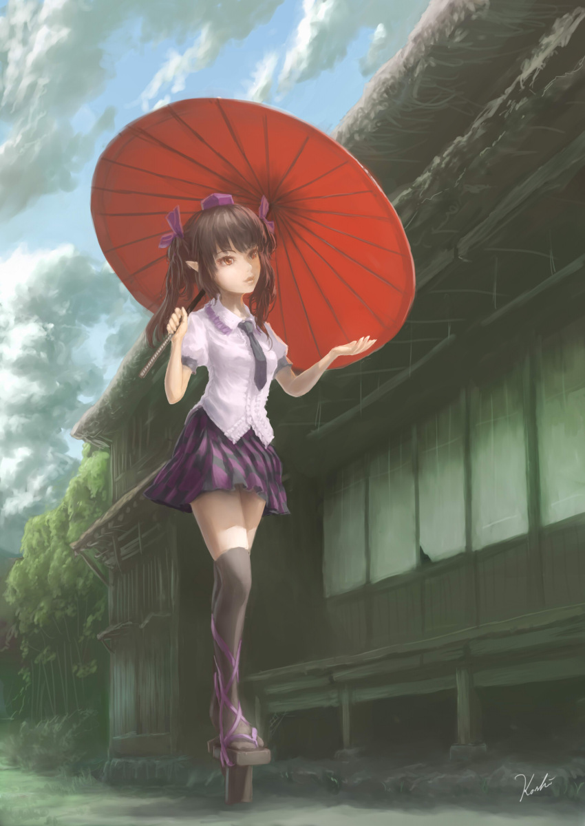 1girl absurdres architecture black_hair black_legwear black_necktie blouse building clouds cloudy_sky day east_asian_architecture eyelashes full_body geta hair_ribbon hand_up hat highres himekaidou_hatate koshi_(koshi_vortex) leg_ribbon lips looking_to_the_side looking_up miniskirt necktie orange_eyes oriental_umbrella outdoors over-kneehighs parted_lips pointy_ears puffy_short_sleeves puffy_sleeves purple_skirt ribbon short_hair short_sleeves signature skirt sky solo standing tengu-geta thigh-highs tokin_hat touhou tree twintails umbrella white_blouse zettai_ryouiki