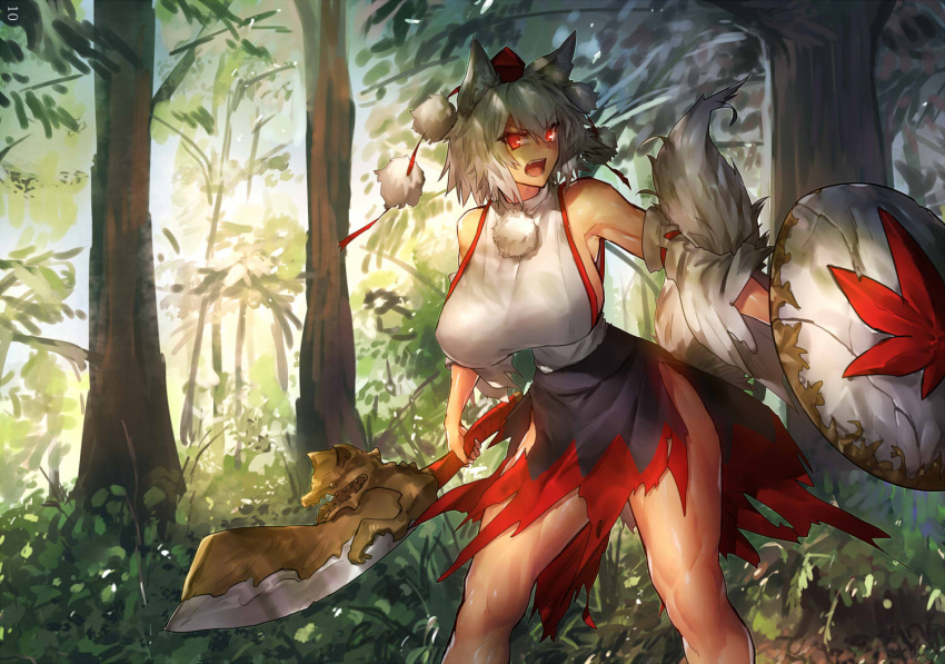 1girl angry animal_ears armpits bare_legs breasts commentary_request contrapposto curvy dappled_sunlight day detached_sleeves fang forest grass hanging_breasts hat hips holding holding_sword holding_weapon inubashiri_momiji large_breasts leaf_print legs melon22 miniskirt muscle muscular_female nature open_mouth pom_pom_(clothes) red_eyes ribbon-trimmed_sleeves ribbon_trim shield shiny shiny_skin short_hair shouting side_glance sideboob skirt solo standing sunlight sword tail thighs tokin_hat torn_clothes torn_skirt torn_sleeves touhou tree turtleneck weapon white_hair wide_hips wolf_ears wolf_tail