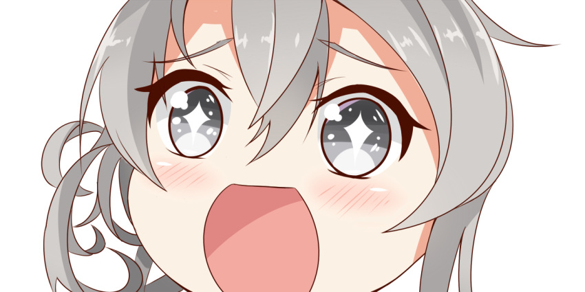 1girl eyebrows eyebrows_visible_through_hair face gradient_eyes grey_eyes grey_hair hair_between_eyes kantai_collection looking_at_viewer multicolored_eyes nowaki_(kantai_collection) open_mouth ponytail simple_background sin-poi solo sparkling_eyes symbol-shaped_pupils white_background