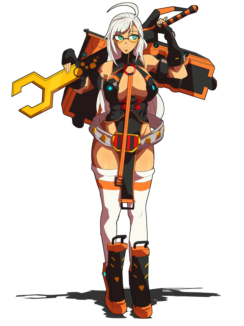 1girl absurdres ahoge bare_shoulders belt black-framed_eyewear blue_eyes breasts full_body gloves goniataito highres huge_ahoge huge_weapon large_breasts long_hair mecha_musume partly_fingerless_gloves pelvic_curtain sarah_o'connell silver_hair smashing_the_battle solo thigh-highs weapon yellow-framed_eyewear