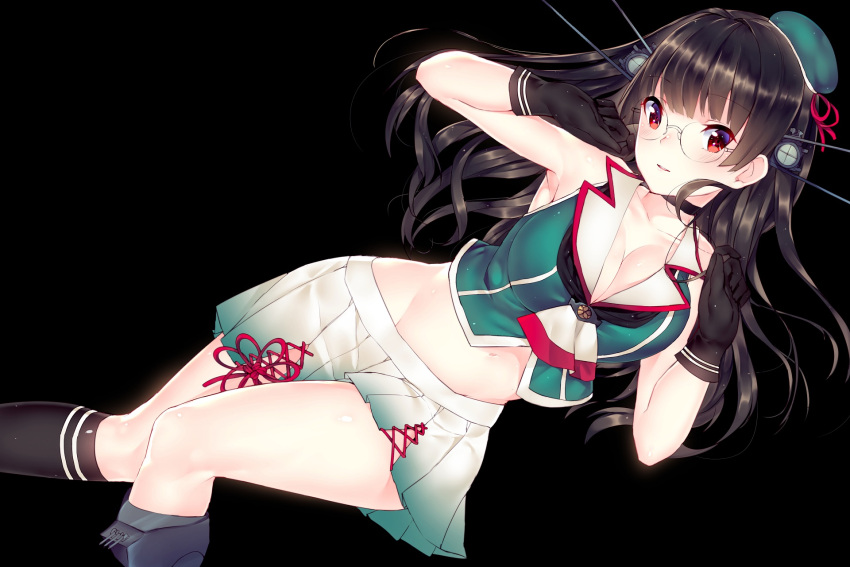 1girl armpits beret black_background black_gloves black_hair black_legwear breasts choukai_(kantai_collection) cleavage collarbone commentary glasses gloves groin hat headgear highres jun_project kantai_collection large_breasts long_hair looking_at_viewer miniskirt parted_lips pleated_skirt red_eyes simple_background skirt solo