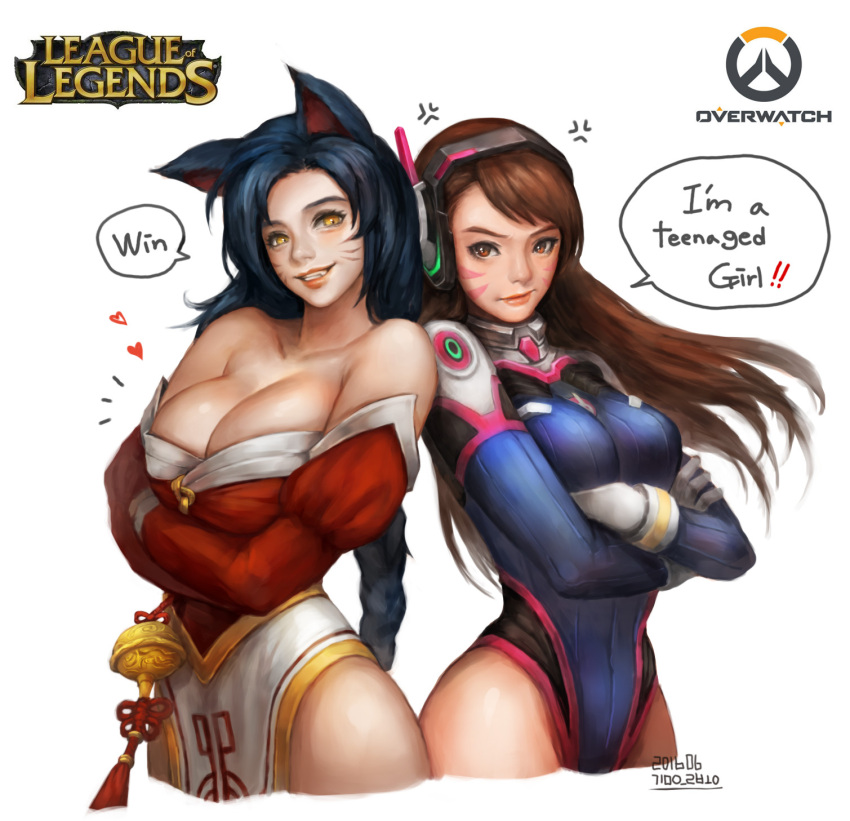 2016 2girls adapted_costume ahri anger_vein animal_ears back-to-back bangs bare_shoulders black_hair bodysuit braid breast_envy breasts brown_eyes brown_hair bunny_print cleavage collarbone copyright_name cowboy_shot crossed_arms crossover d.va_(overwatch) dated detached_sleeves emblem english facepaint facial_mark fang fox_ears gloves grin headphones highres kim_eul_bong korean_clothes large_breasts league_of_legends leaning_on_person leotard long_hair looking_at_viewer multiple_girls no_tail nose overwatch pelvic_curtain pilot_suit ribbed_bodysuit shoulder_pads simple_background slit_pupils small_breasts smile speech_bubble swept_bangs tassel very_long_hair whisker_markings white_background white_gloves yellow_eyes
