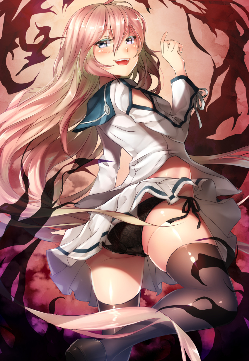 1girl black_legwear black_panties dies_irae grey_eyes hair_between_eyes highres light_brown_hair long_hair looking_at_viewer mia_(gute-nacht-07) open_mouth panties pleated_skirt rusalka_schwagerin shirt side-tie_panties skirt solo thigh-highs underwear untied untied_panties white_shirt white_skirt