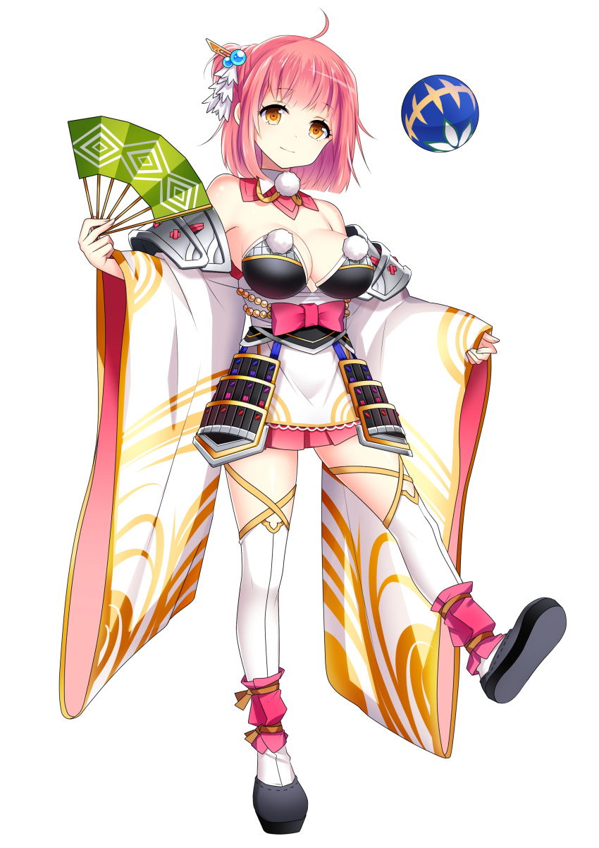 1girl absurdres artist_request breasts character_request cleavage copyright_request detached_sleeves fan floating_object full_body hair_ornament highres holding large_breasts official_art orange_eyes pink_hair short_hair smile solo thigh-highs wide_sleeves