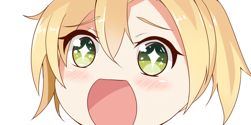 1girl blonde_hair eyebrows eyebrows_visible_through_hair face gradient_eyes green_eyes hair_between_eyes kantai_collection looking_at_viewer maikaze_(kantai_collection) multicolored_eyes open_mouth short_hair simple_background sin-poi solo sparkling_eyes symbol-shaped_pupils white_background