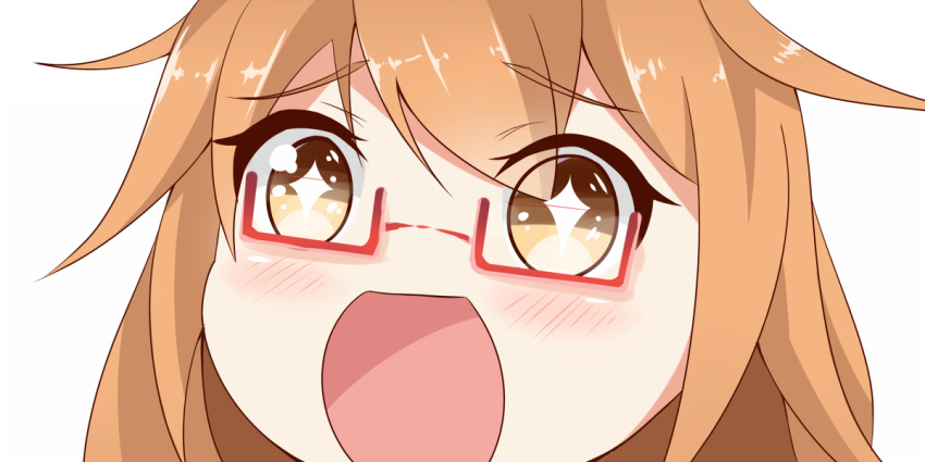 1girl brown_eyes brown_hair eyebrows eyebrows_visible_through_hair face glasses gradient_eyes hair_between_eyes kantai_collection long_hair looking_at_viewer mochizuki_(kantai_collection) multicolored_eyes open_mouth red-framed_eyewear semi-rimless_glasses simple_background sin-poi solo sparkling_eyes symbol-shaped_pupils white_background