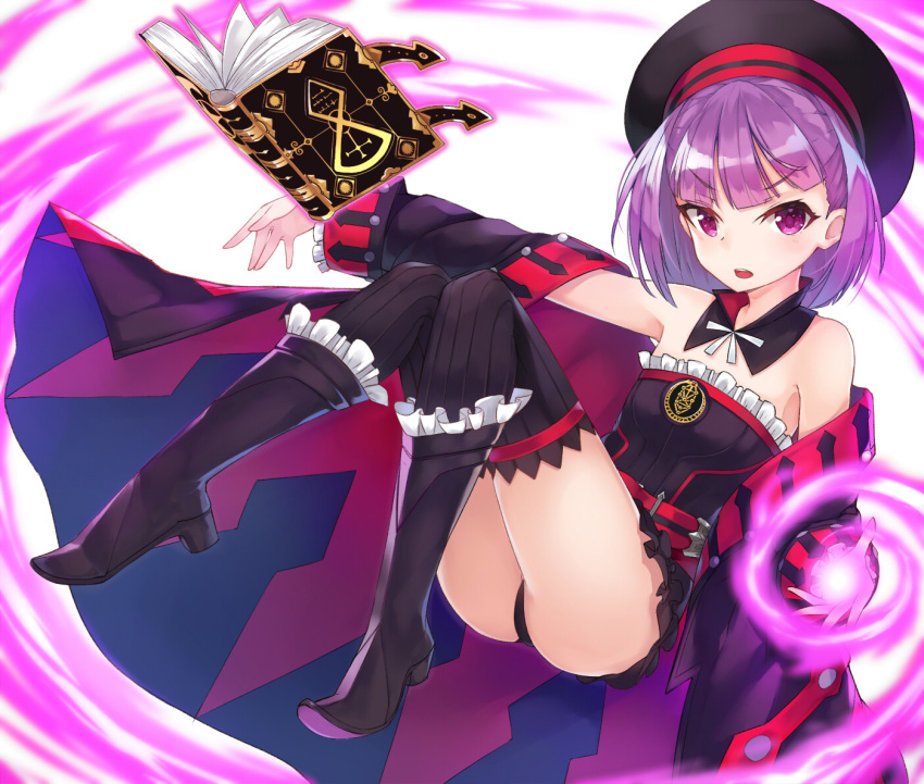 1girl ass bare_shoulders black_legwear book detached_sleeves fate/grand_order fate_(series) hat helena_blavatsky_(fate/grand_order) looking_at_viewer loose_clothes mhong panties pantyshot purple_hair short_hair simple_background solo strapless thigh-highs underwear violet_eyes white_background