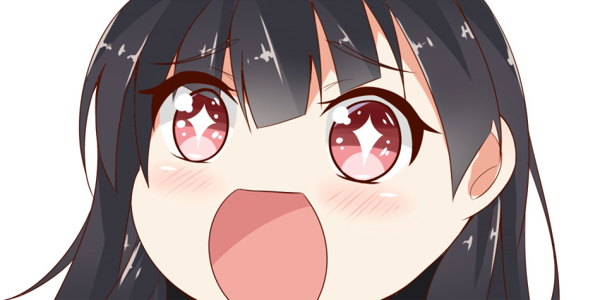 1girl bangs black_hair blunt_bangs eyebrows eyebrows_visible_through_hair face gradient_eyes hair_between_eyes isokaze_(kantai_collection) kantai_collection long_hair looking_at_viewer multicolored_eyes open_mouth red_eyes simple_background sin-poi solo sparkling_eyes symbol-shaped_pupils white_background