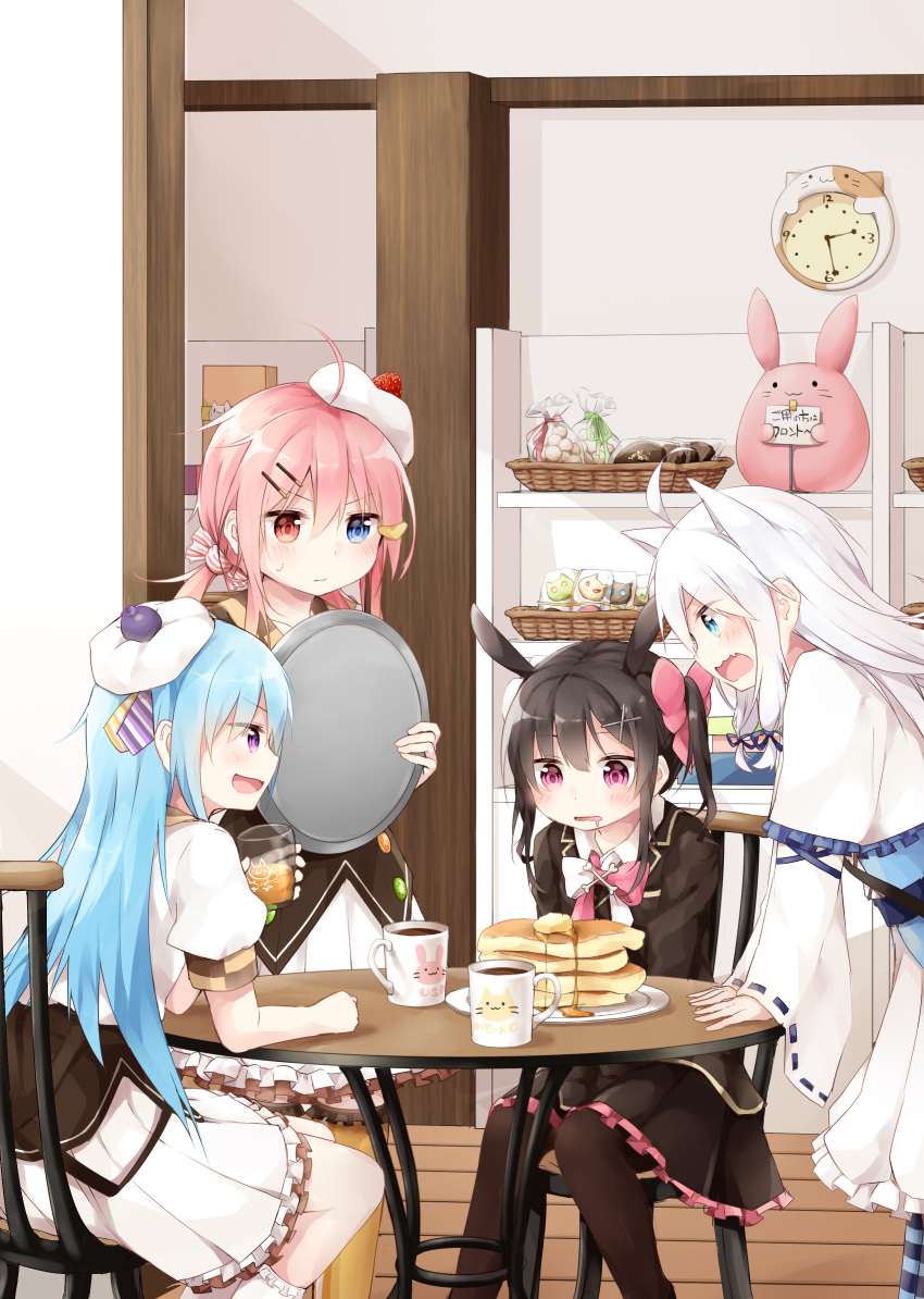 4girls absurdres ahoge animal_ears black_hair black_legwear blue_eyes blue_hair blush bow bowtie cake chair character_request clock collarbone cookie cup dress food frilled_dress frilled_legwear frilled_skirt frills hair_ornament hair_ribbon hairclip hat heterochromia highres holding holding_glass holding_tray indoors jewelry lace-trimmed_sleeves leg_garter long_hair long_sleeves looking_at_another multiple_girls open_mouth original pink_hair puffy_sleeves red_eyes ribbon satou_saya sidelocks silver_hair sitting skirt standing striped striped_legwear table teacup thigh-highs tray two_side_up violet_eyes wavy_mouth white_legwear wide_sleeves x_hair_ornament yellow_legwear zettai_ryouiki